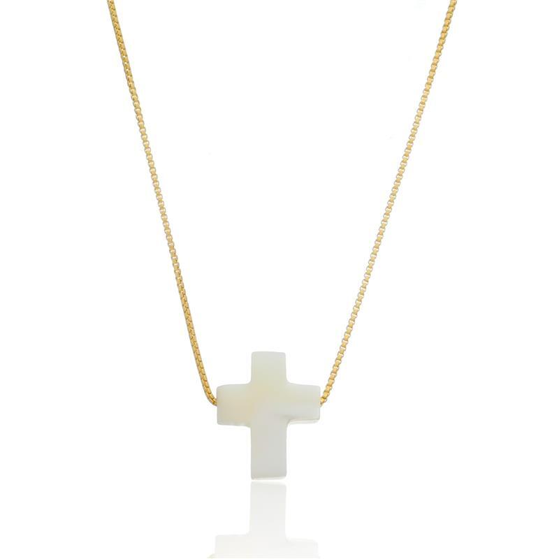 Colar Gargantilha Cruz De Madrepérola 11MM Madre Veneziana Banhado A Ouro 18k Ou Ródio Branco